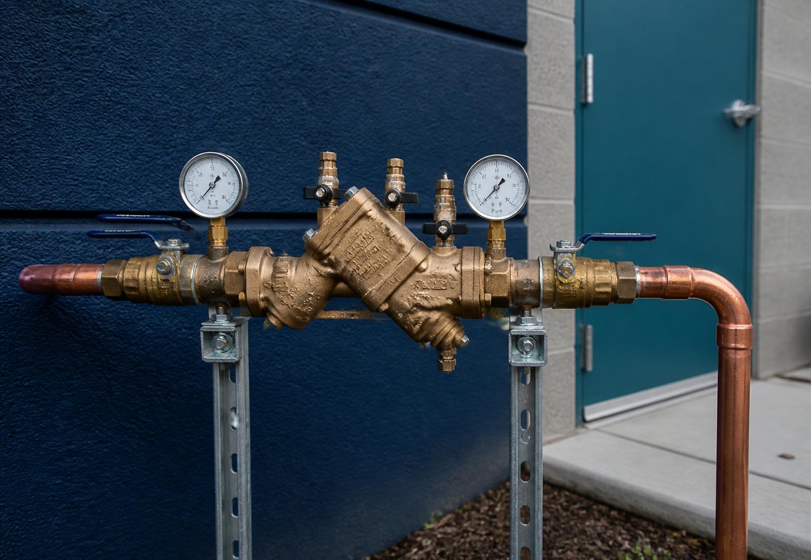 Brass backflow prevention assembly mounted on copper piping outside a North Carolina commercial building