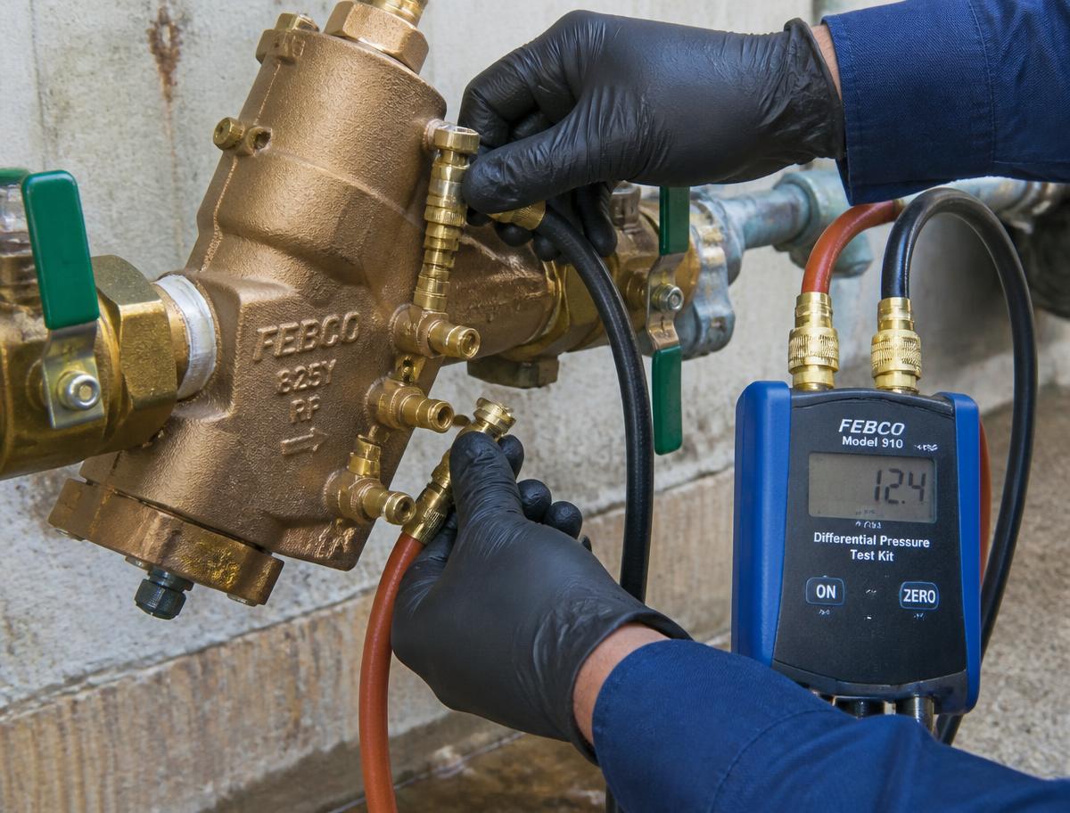 Certified backflow tester connecting a differential pressure test kit to a backflow preventer in North Carolina
